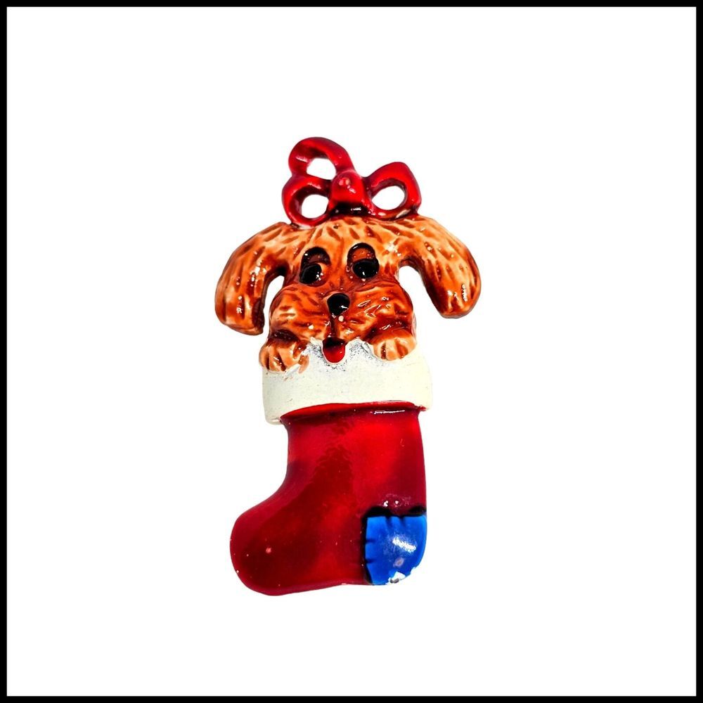 Vintage Christmas Brooch Puppy Dog in Stocking Red Holiday Pin